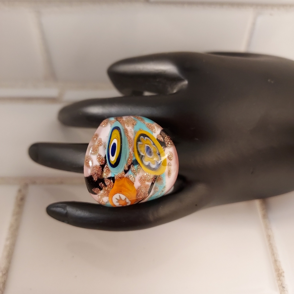 Murrinamura Murano art Glass designer ring gold turquoise black